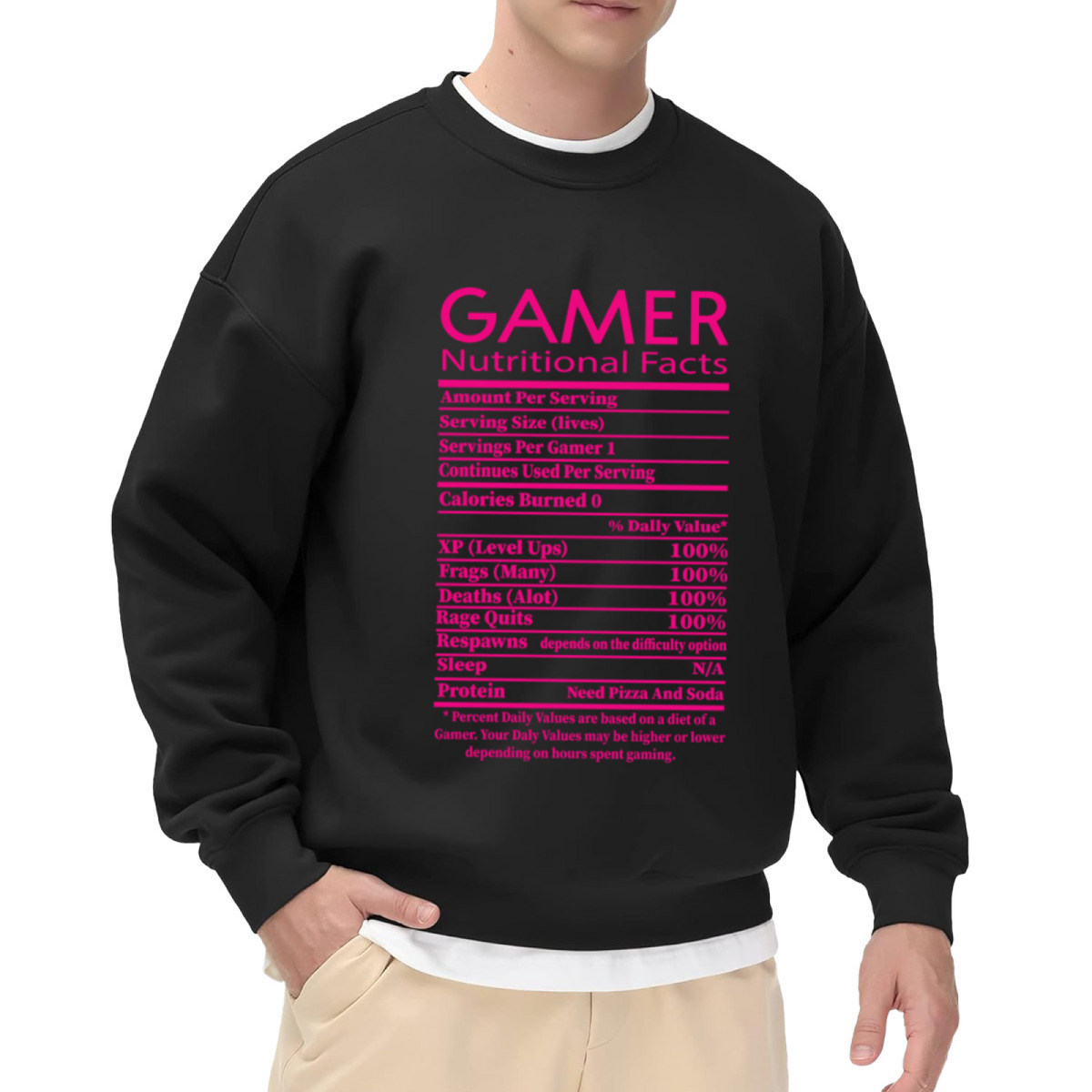 Gamer Nutritional Facts Funny Label Parody Crewneck Sweatshirt | Video Game Humor Pullover, Gamer Gift