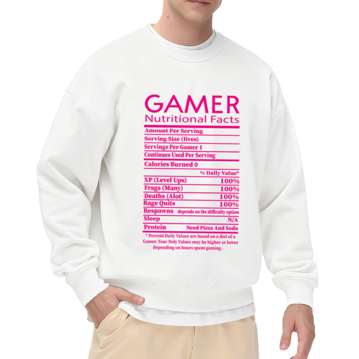 Gamer Nutritional Facts Funny Label Parody Crewneck Sweatshirt | Video Game Humor Pullover, Gamer Gift