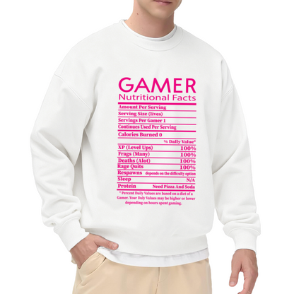 Gamer Nutritional Facts Funny Label Parody Crewneck Sweatshirt | Video Game Humor Pullover, Gamer Gift