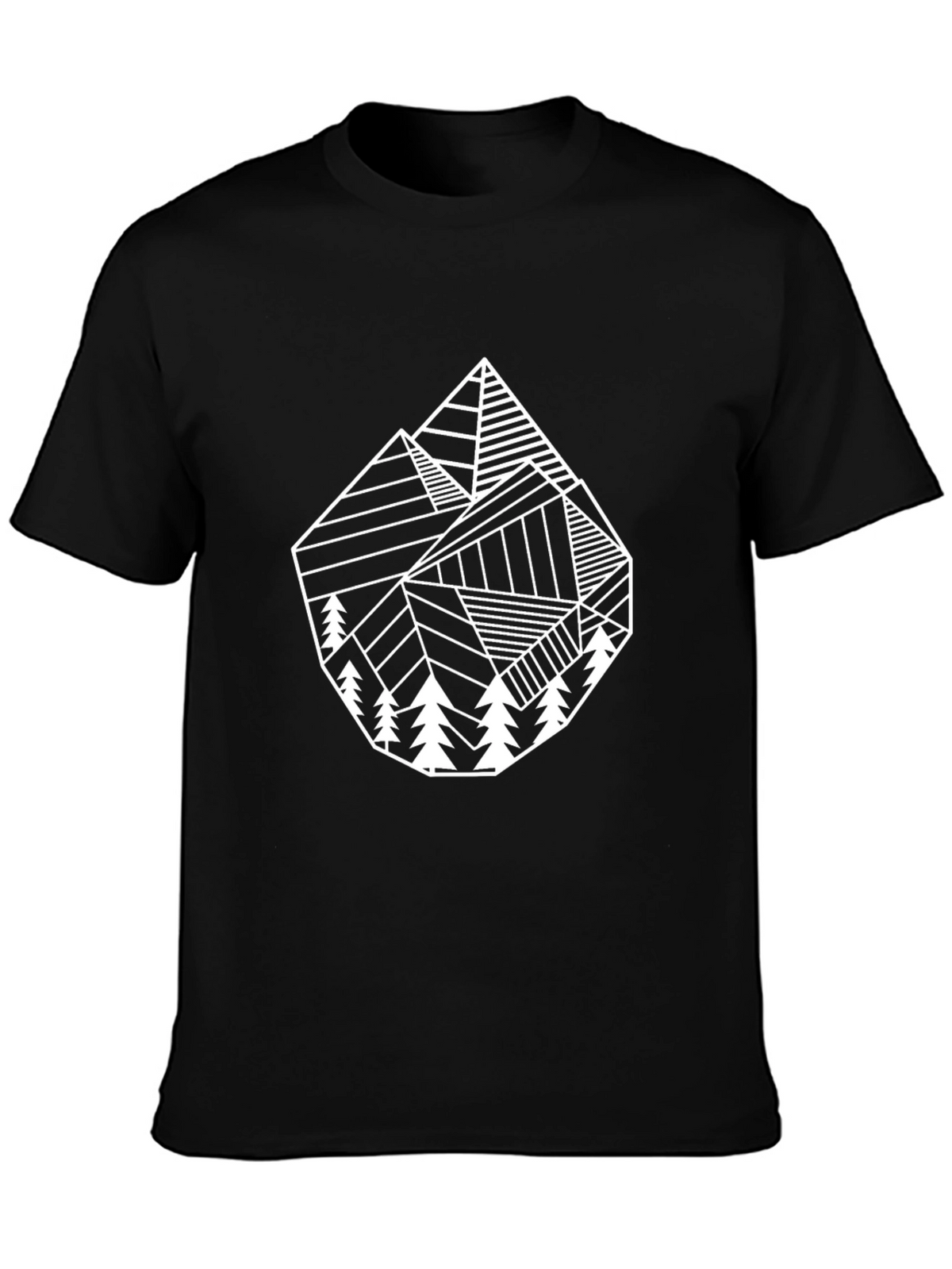 Geometric Mountain & Tree Graphic Tee - Black