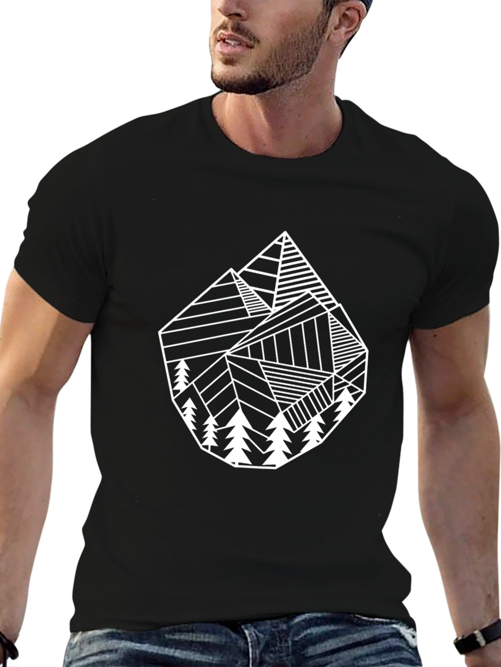 Geometric Mountain & Tree Graphic Tee - Black