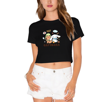 Playful Capybara & Cinnamoroll Cute Pink Cropped Tee