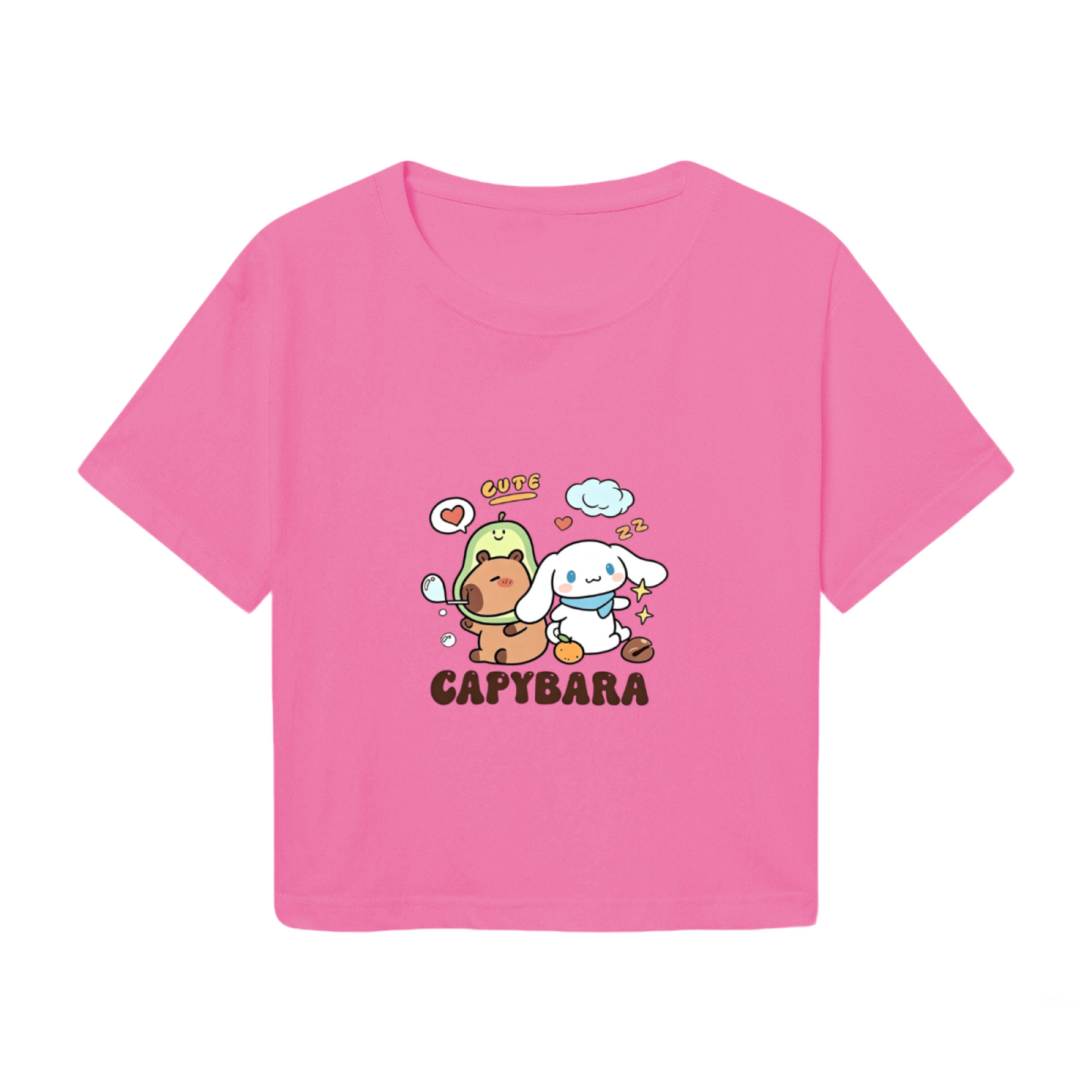 Playful Capybara & Cinnamoroll Cute Pink Cropped Tee