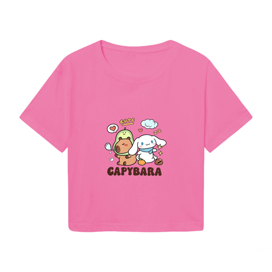 Playful Capybara & Cinnamoroll Cute Pink Cropped Tee
