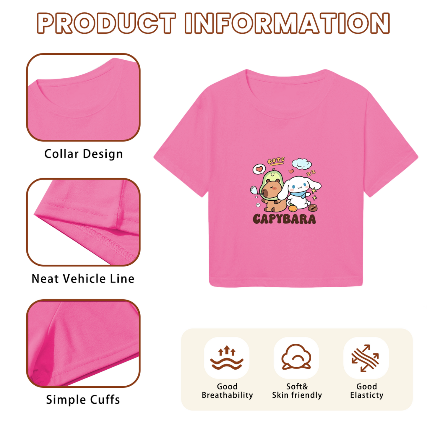 Playful Capybara & Cinnamoroll Cute Pink Cropped Tee