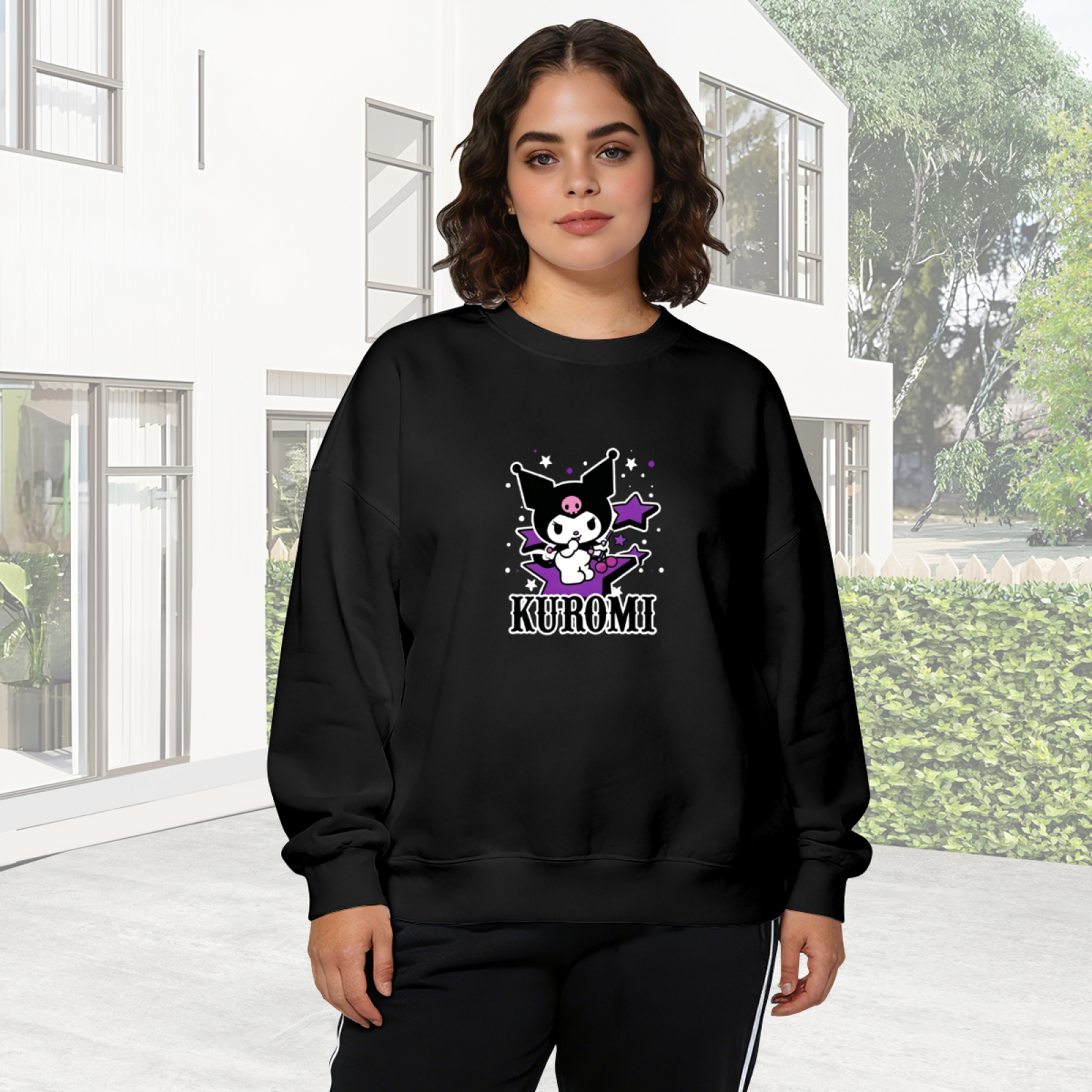 Rock?Style Star Kuromi Statement Black Crewneck Sweatshirt
