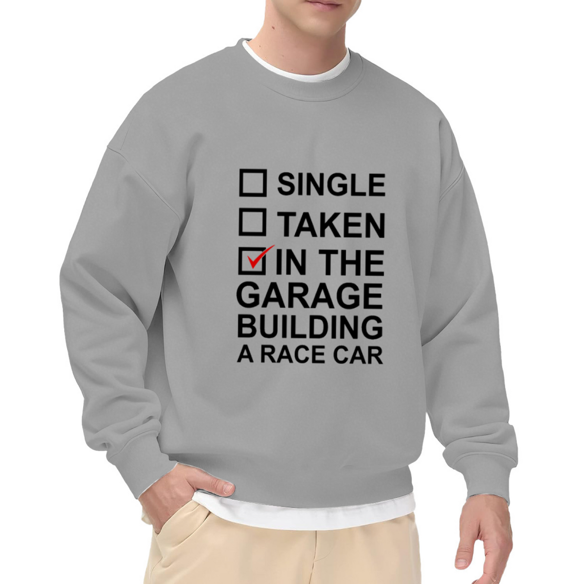 Funny 'In The Garage Building A Race Car' Crewneck Sweatshirt Checklist Humor for Car Builders