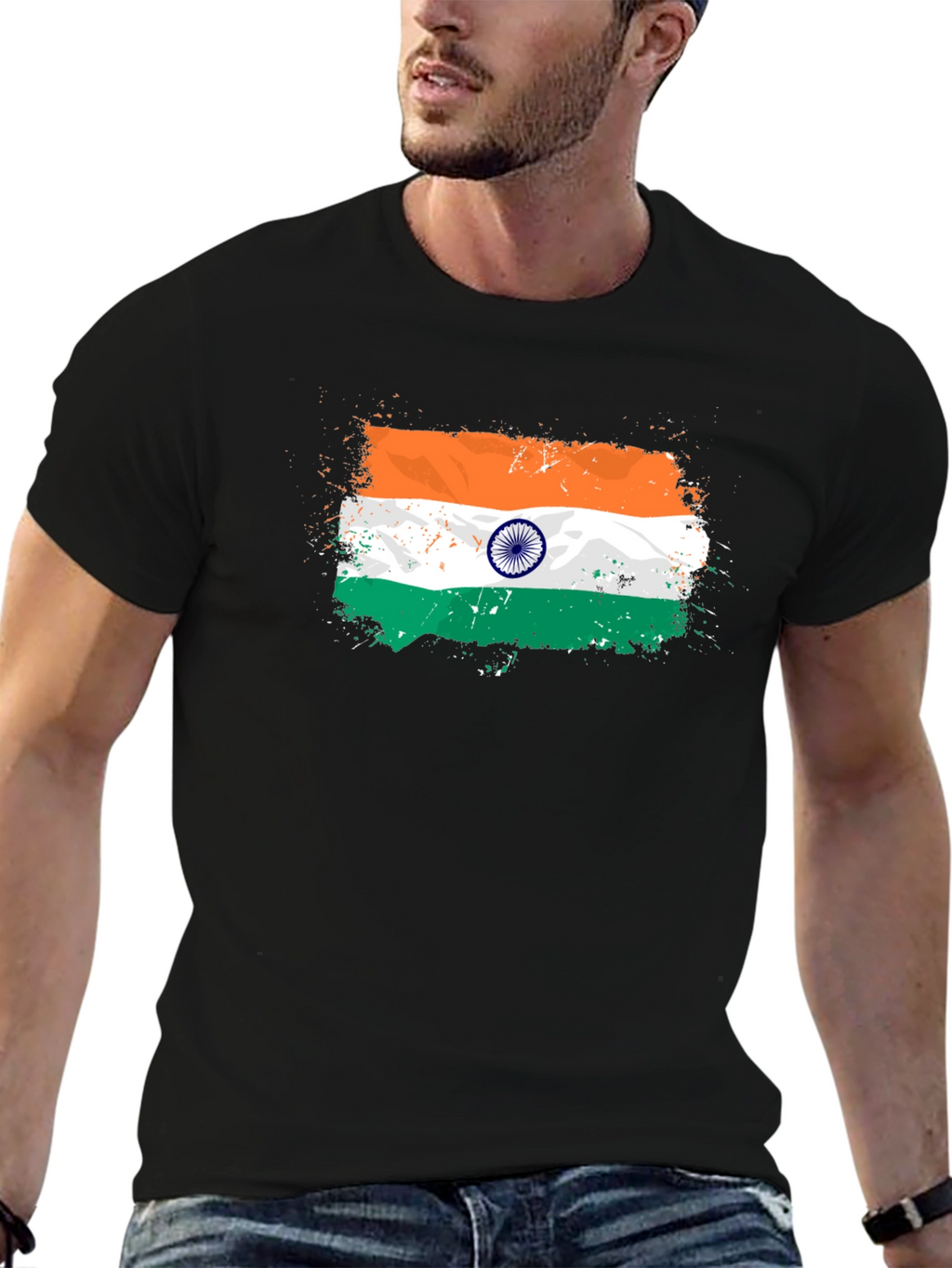 India Flag Splatter Tee - Black Graphic T-Shirt