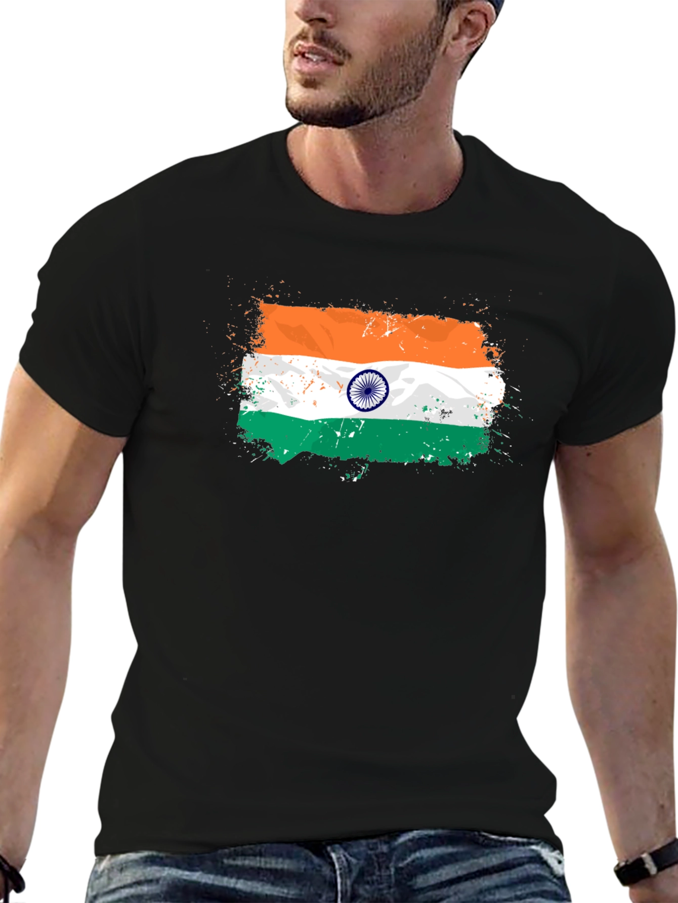 India Flag Splatter Tee - Black Graphic T-Shirt