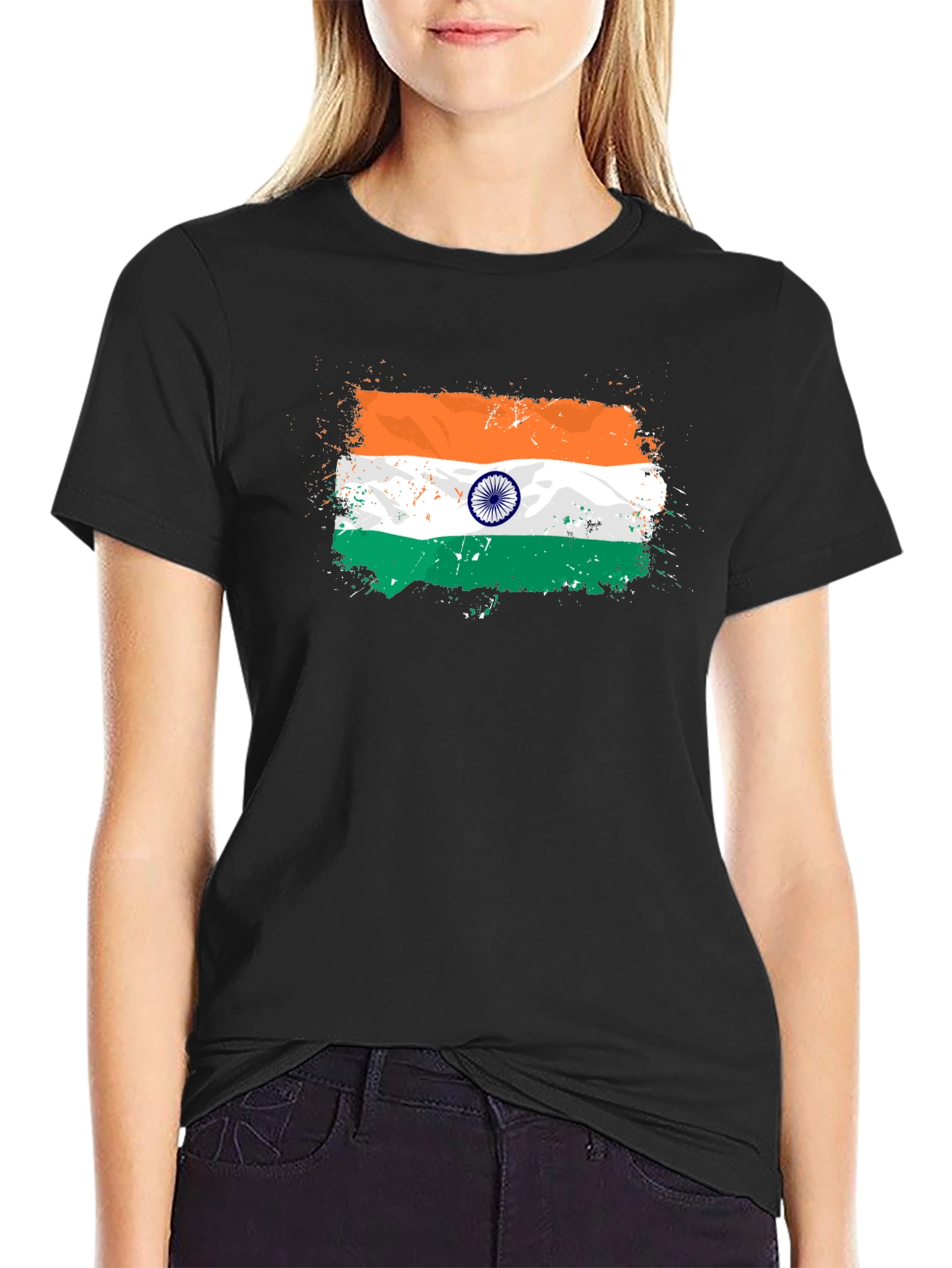 India Flag Splatter Tee - Black Graphic T-Shirt
