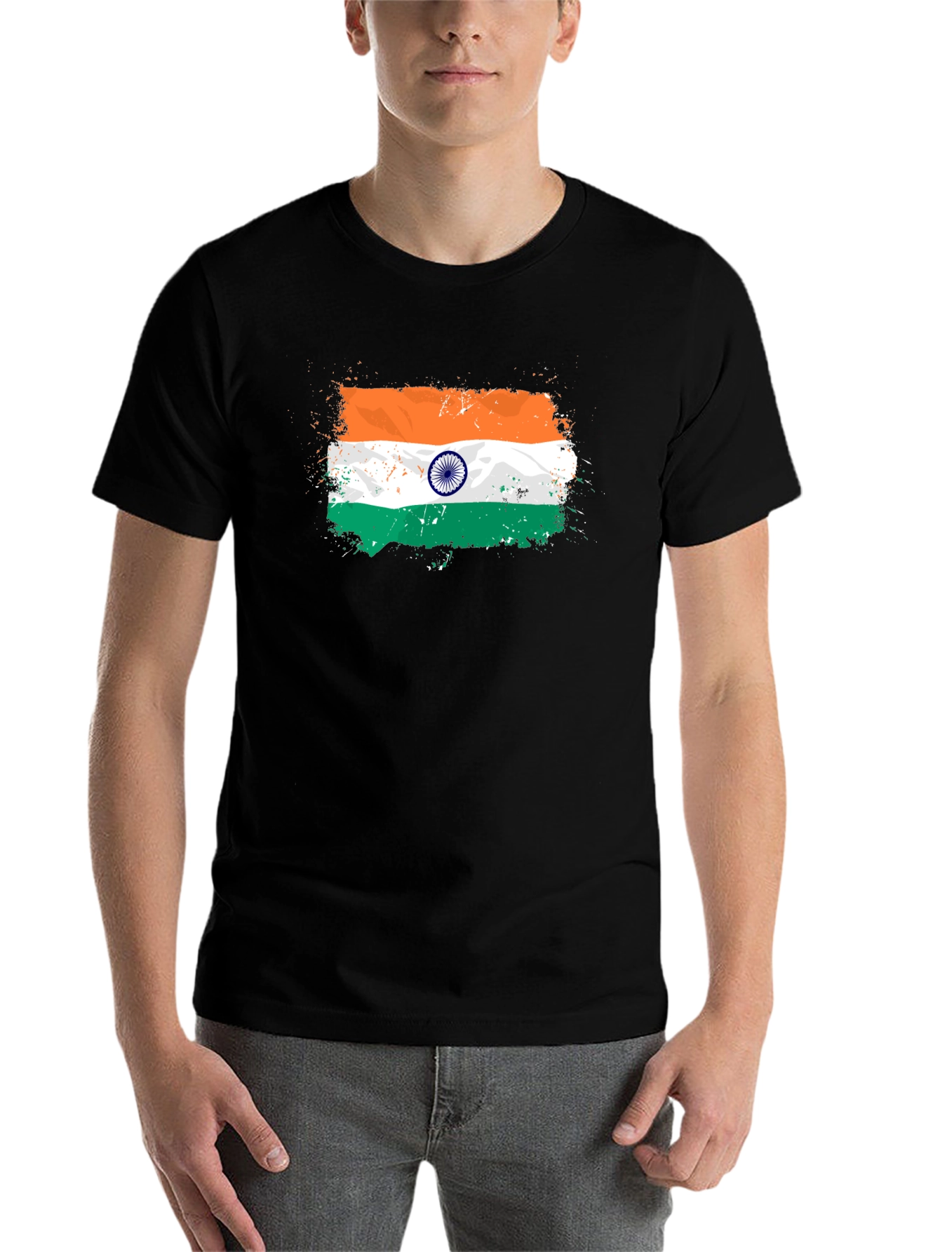 India Flag Splatter Tee - Black Graphic T-Shirt