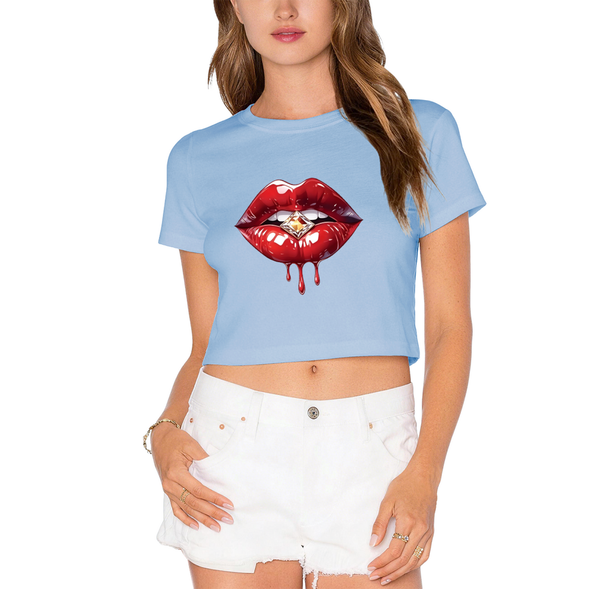 Juicy Dripping Diamond Red Lips Glam Pink Crop Top
