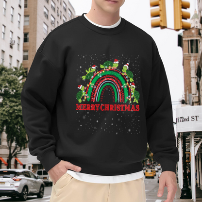 Merry Christmas Santa Hat Turtles Rainbow Crewneck Sweatshirt | Funny Festive Turtle Holiday Graphic Pullover, Christmas Gift