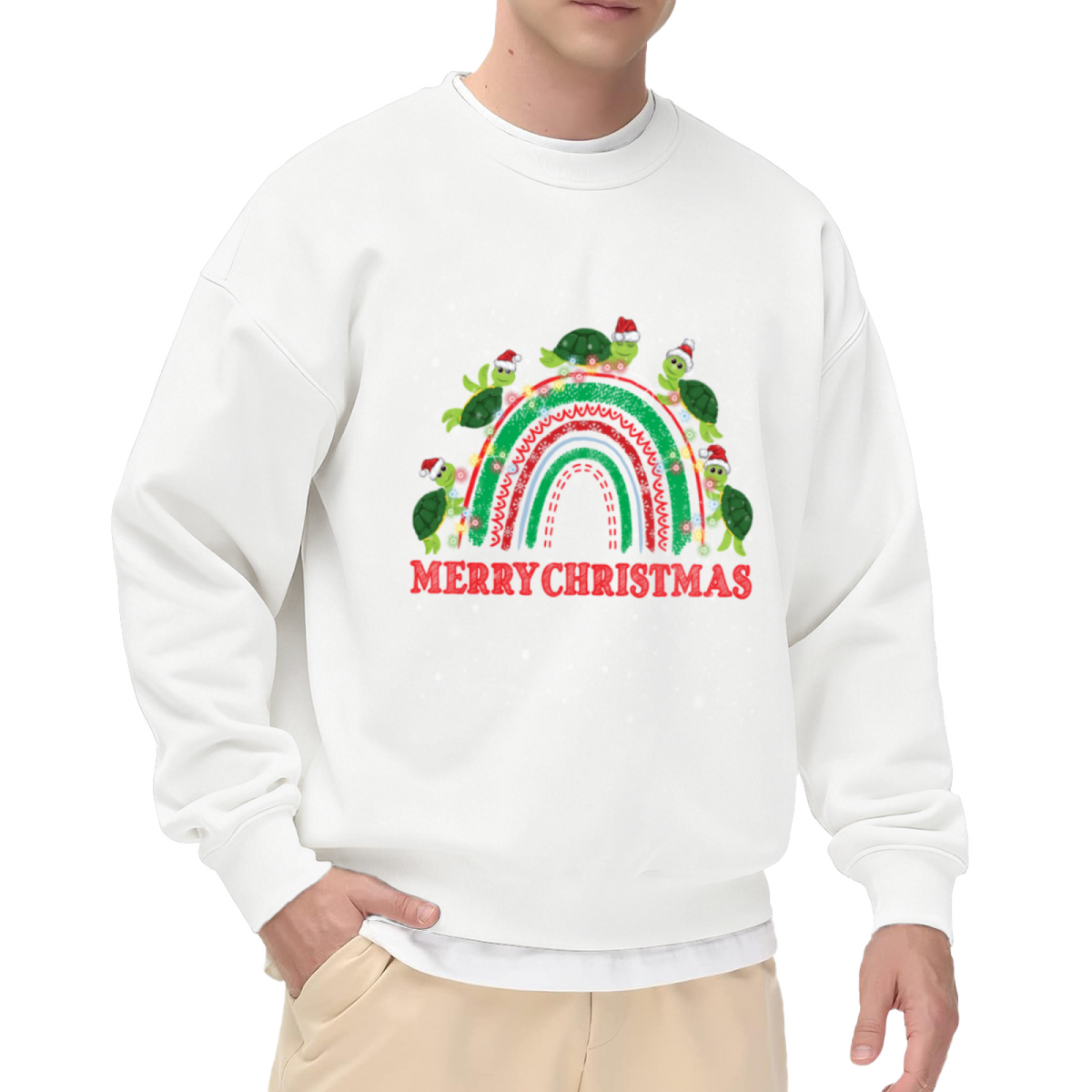 Merry Christmas Santa Hat Turtles Rainbow Crewneck Sweatshirt | Funny Festive Turtle Holiday Graphic Pullover, Christmas Gift