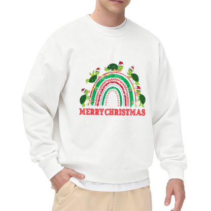 Merry Christmas Santa Hat Turtles Rainbow Crewneck Sweatshirt | Funny Festive Turtle Holiday Graphic Pullover, Christmas Gift