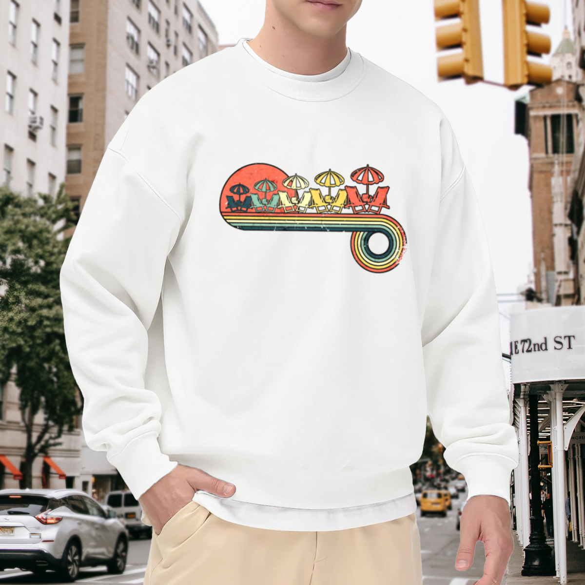 Retro Beach Chairs Summer Crewneck Sweatshirt, Vintage Beach Umbrella Pullover, Vacation Gift