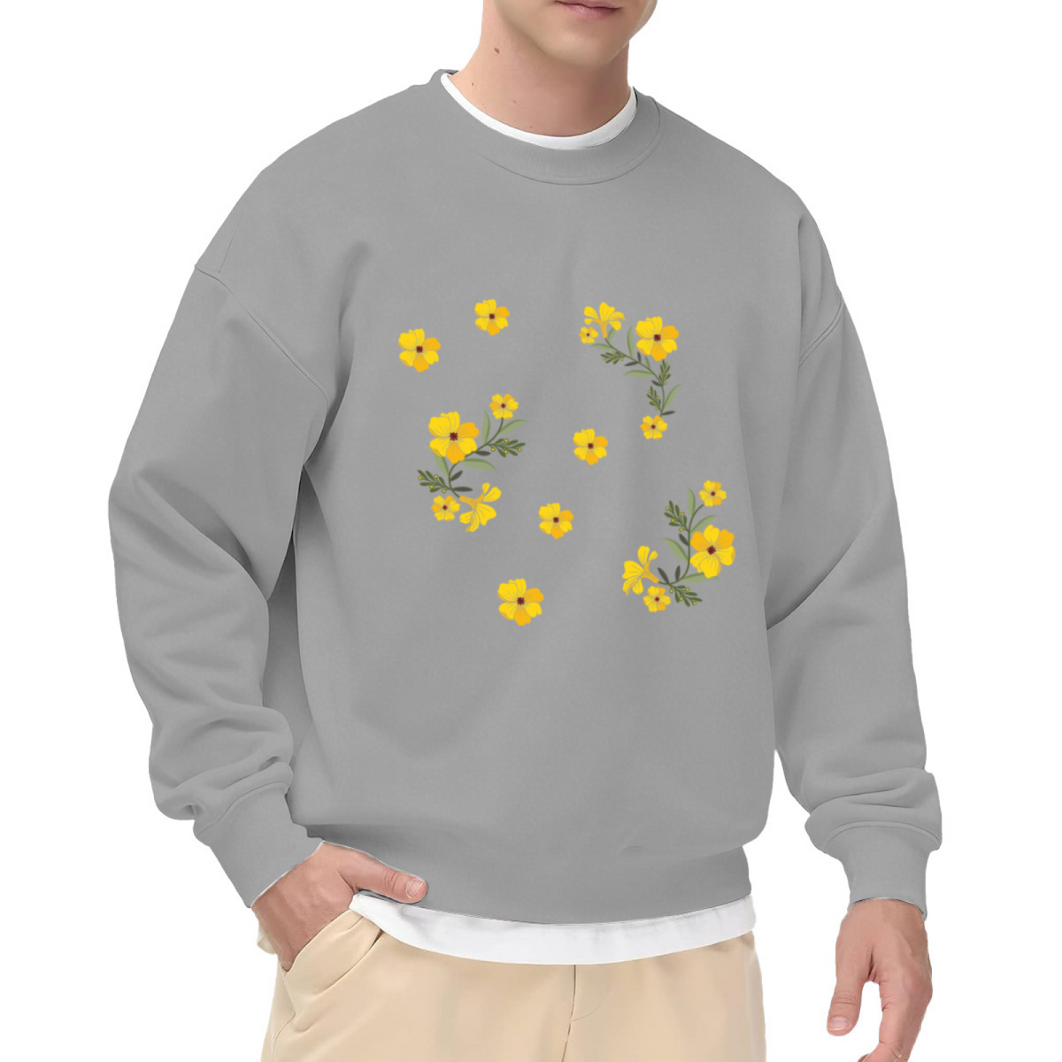 Cheerful Scattered Yellow Wildflower Bouquets & Single Blooms Print Crewneck Sweatshirt for Casual Everyday Wear