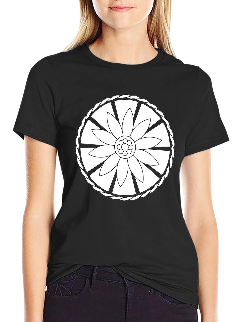 Black Tee with Floral Wheel Design
