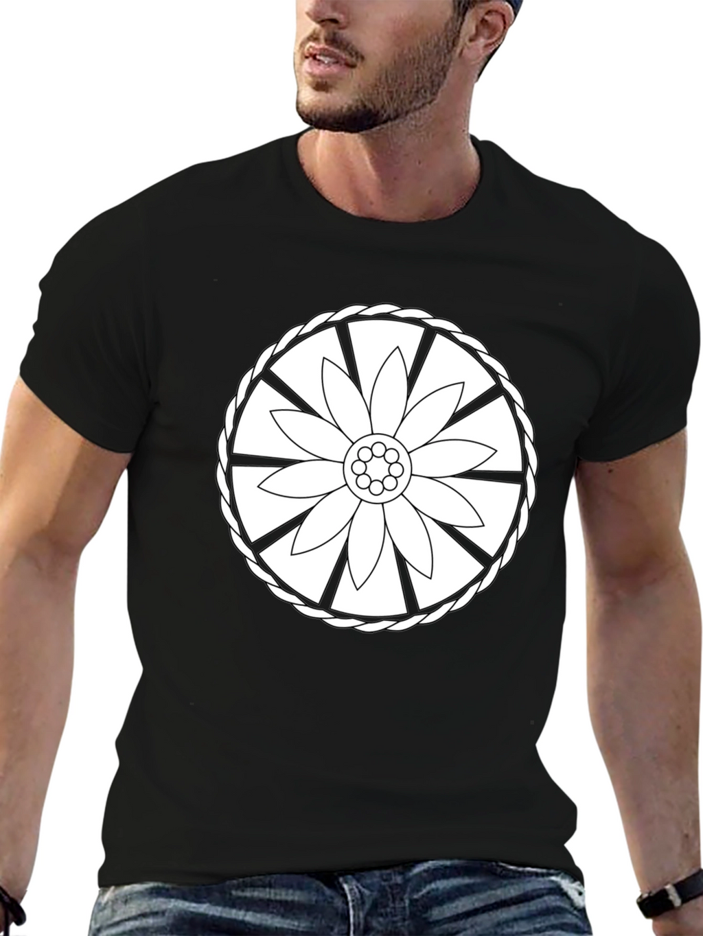 Black Tee with Floral Wheel Design