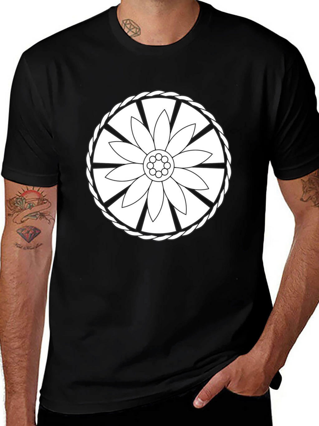 Black Tee with Floral Wheel Design