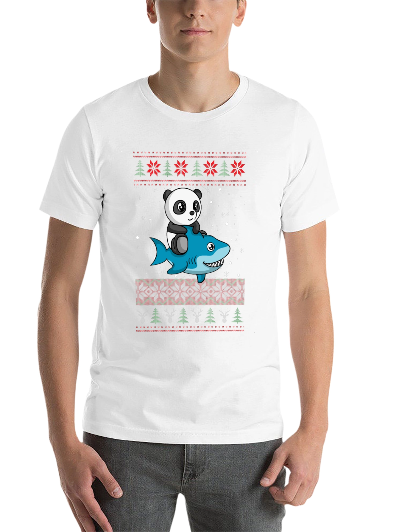 Panda Riding Shark Christmas Sweater Pattern T-Shirt