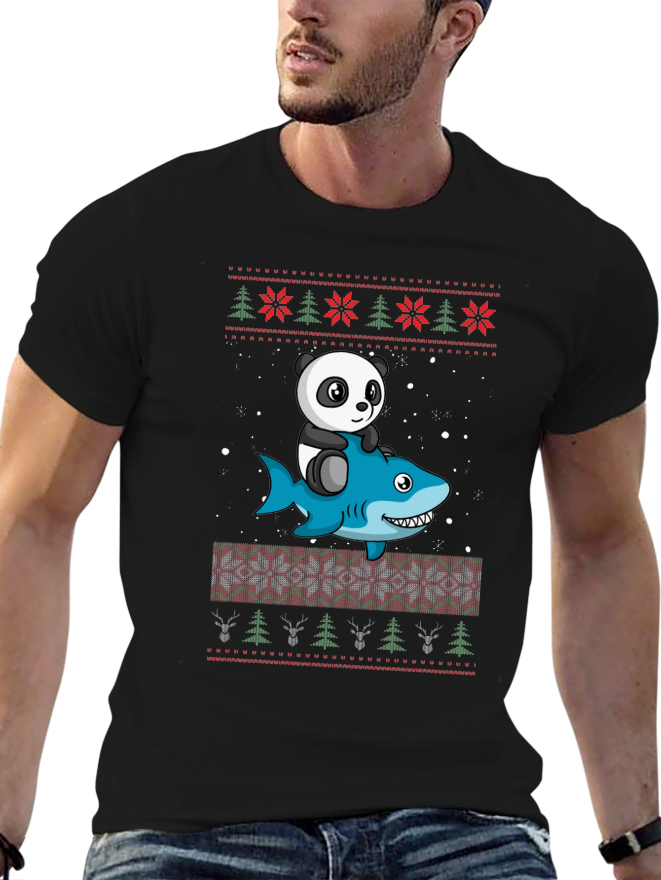 Panda Riding Shark Christmas Sweater Pattern T-Shirt