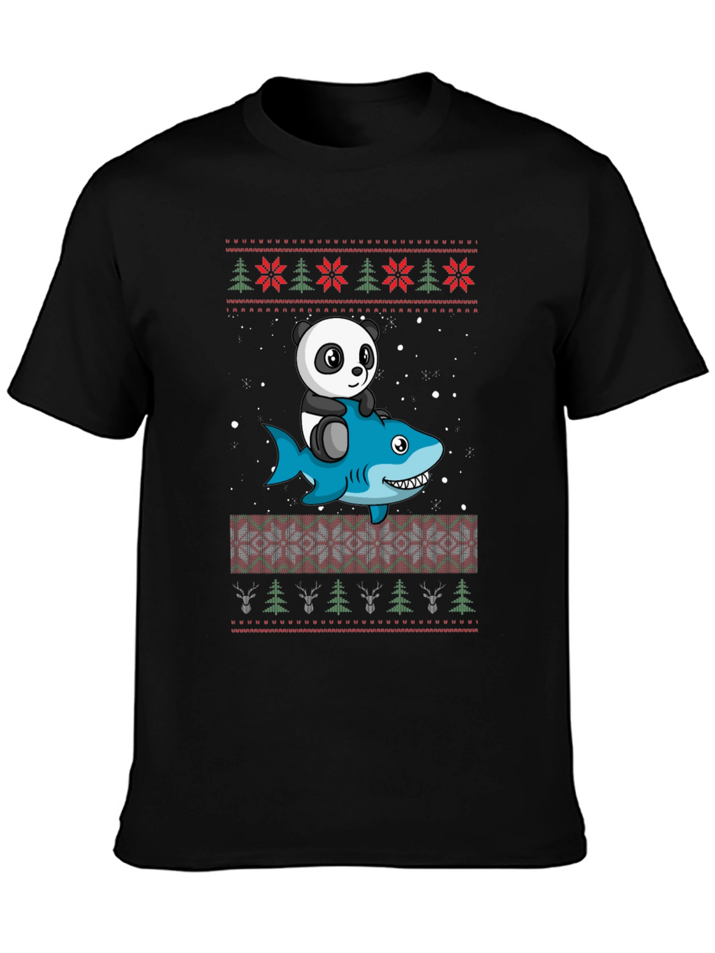Panda Riding Shark Christmas Sweater Pattern T-Shirt