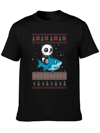 Panda Riding Shark Christmas Sweater Pattern T-Shirt