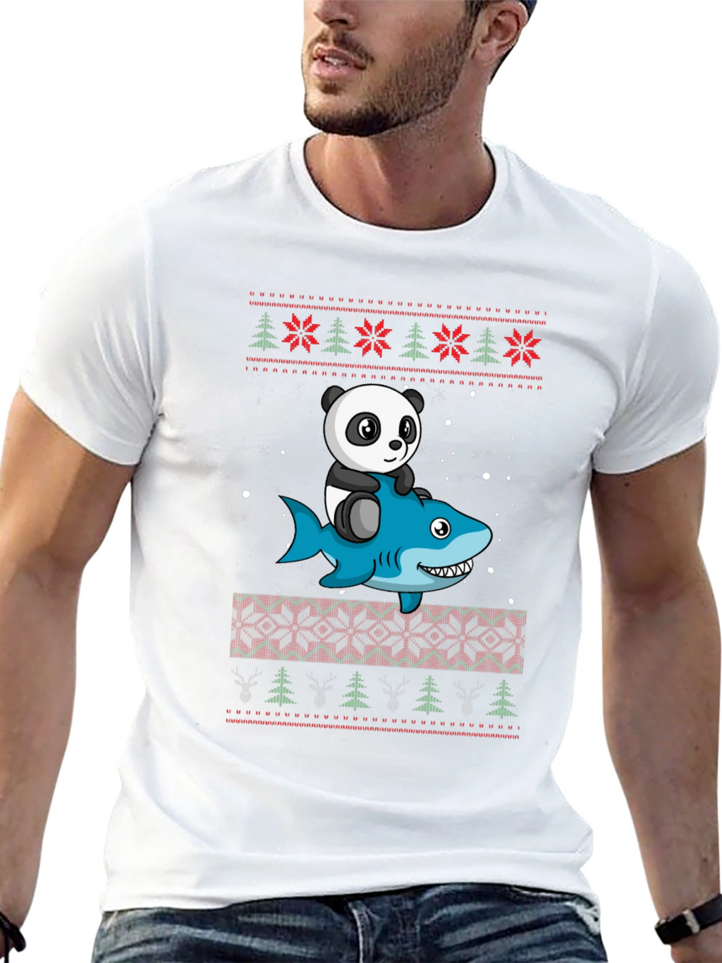Panda Riding Shark Christmas Sweater Pattern T-Shirt