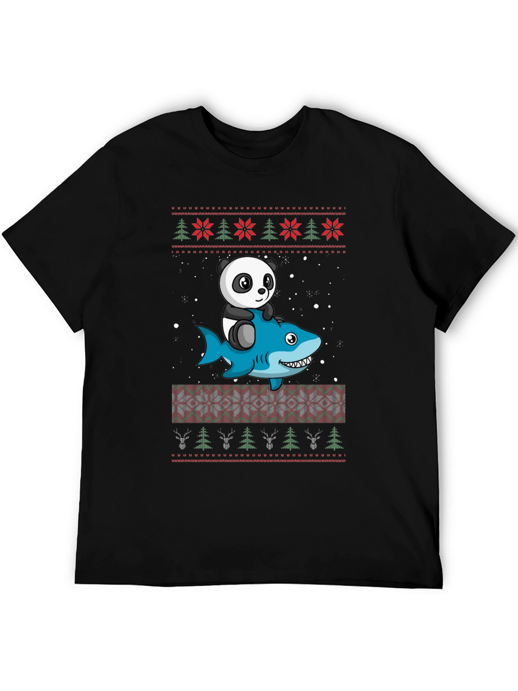Panda Riding Shark Christmas Sweater Pattern T-Shirt