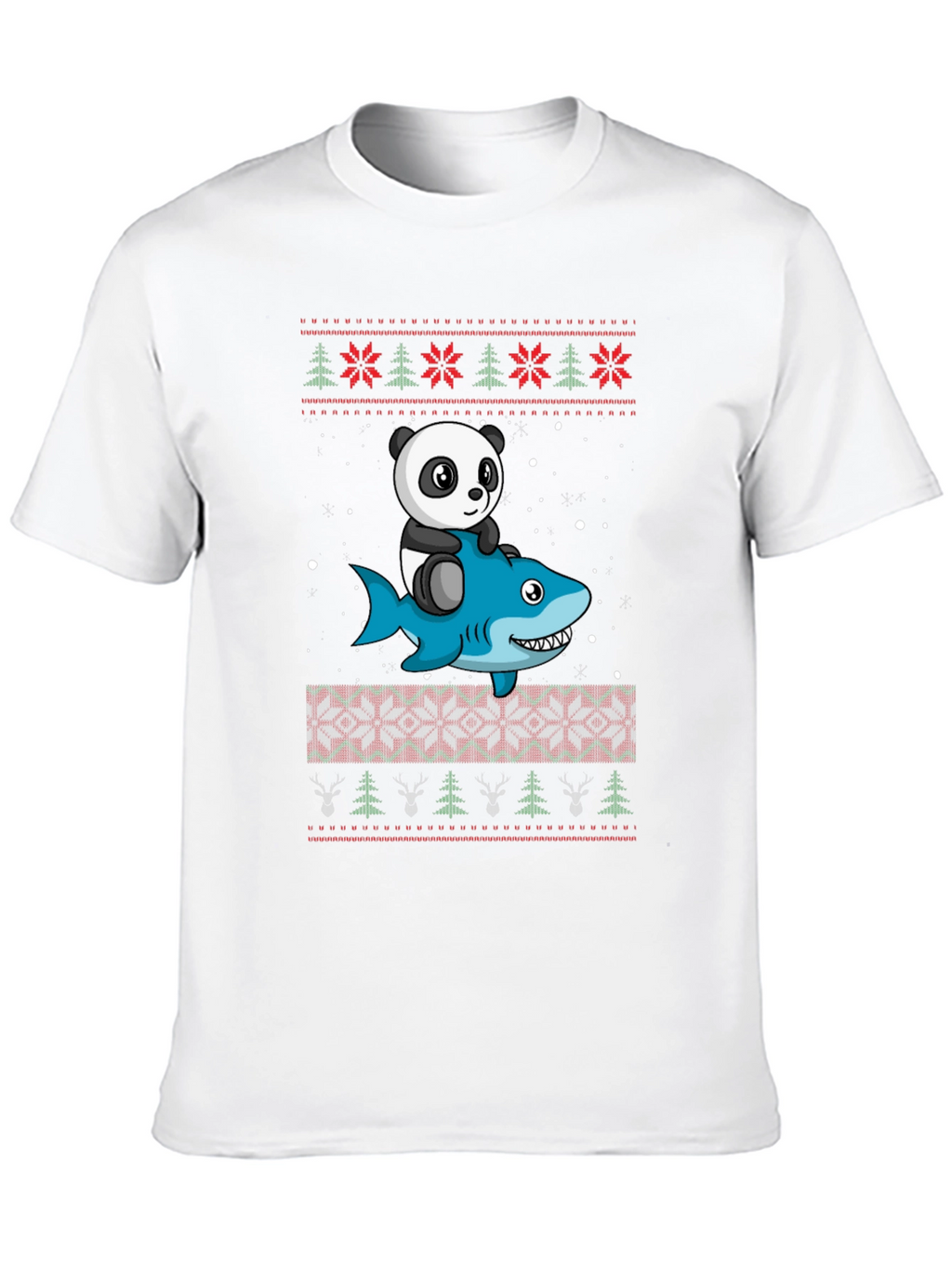 Panda Riding Shark Christmas Sweater Pattern T-Shirt