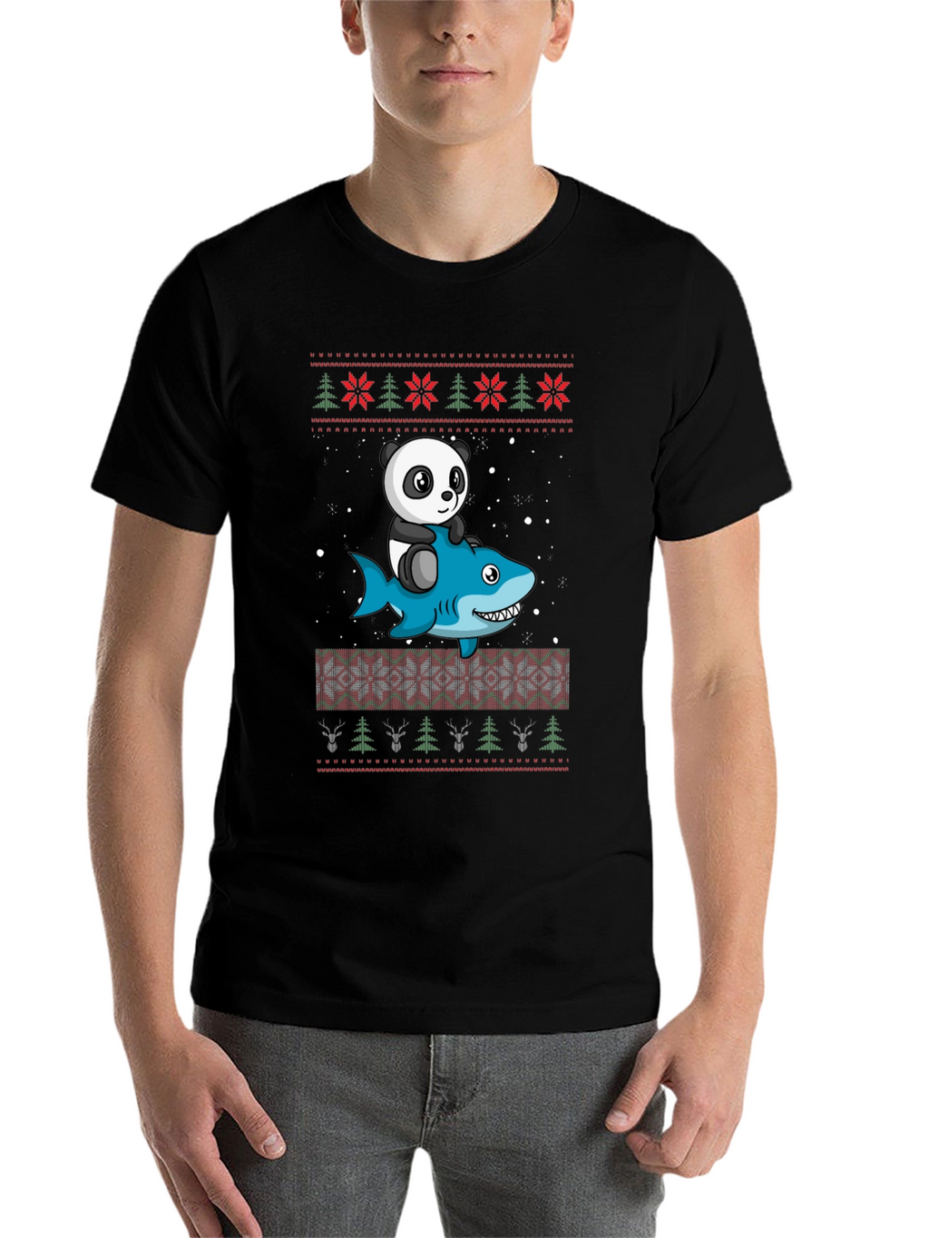 Panda Riding Shark Christmas Sweater Pattern T-Shirt
