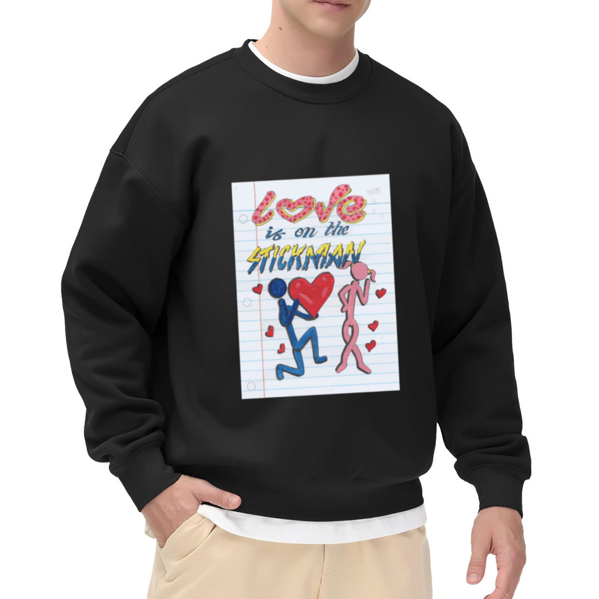 Love Is On The Stickman Stick Figure Proposal Crewneck Sweatshirt | Cute Notebook Doodle Romance Pullover, Valentine's Day Gift