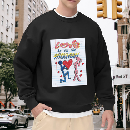 Love Is On The Stickman Stick Figure Proposal Crewneck Sweatshirt | Cute Notebook Doodle Romance Pullover, Valentine's Day Gift