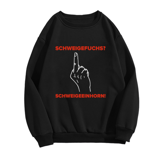 Schweigefuchs Schweigeeinhorn German Meme Crewneck Sweatshirt | Shh Hand Gesture Humor Pullover (German Text)
