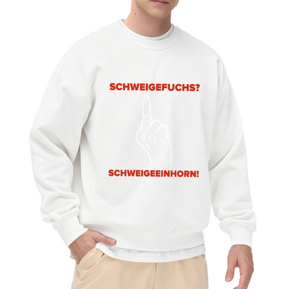 Schweigefuchs Schweigeeinhorn German Meme Crewneck Sweatshirt | Shh Hand Gesture Humor Pullover (German Text)