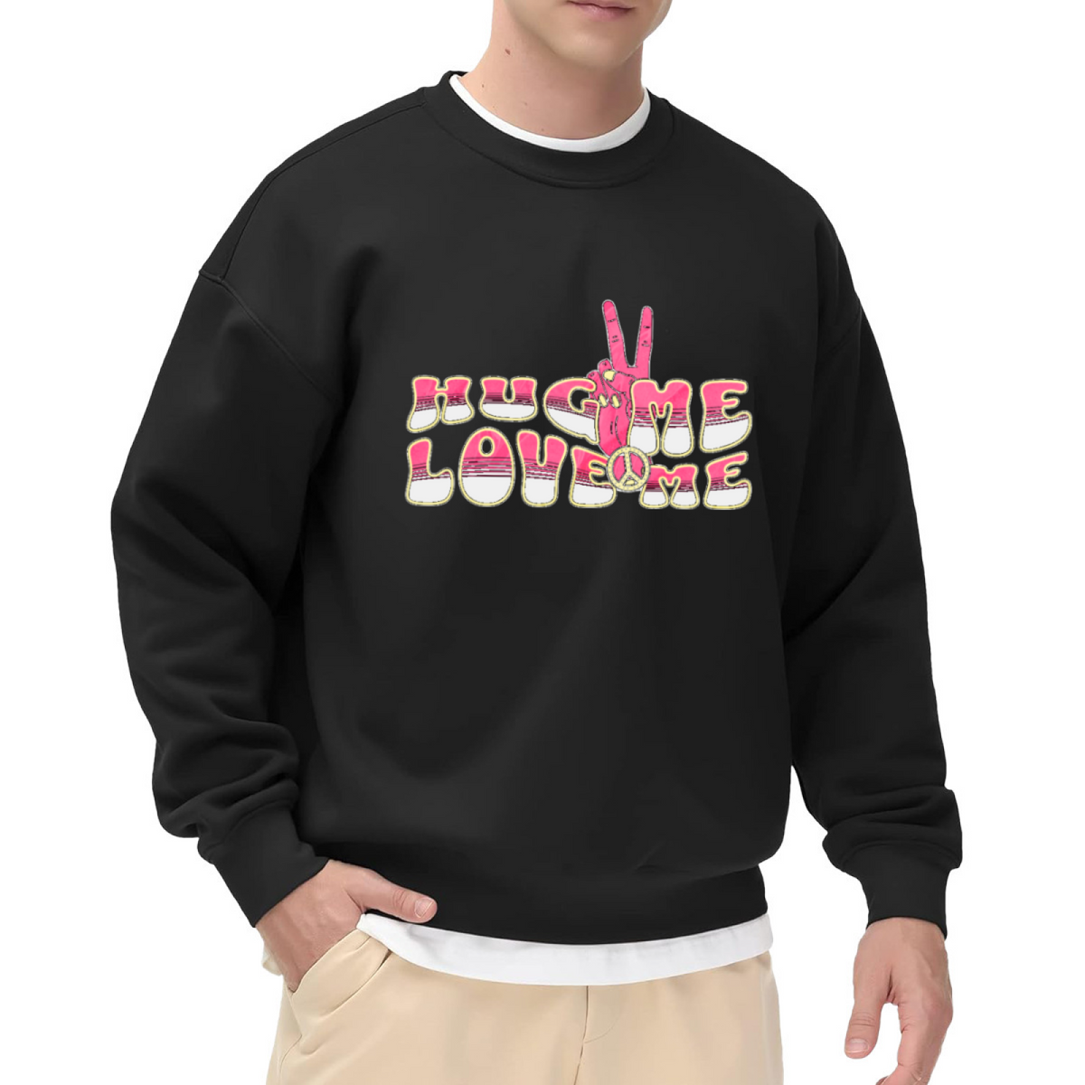 Hug Me Love Me Retro Hippie Peace Hand Crewneck Sweatshirt | 70s Psychedelic Groovy Graphic Pullover, Valentine's Day Gift