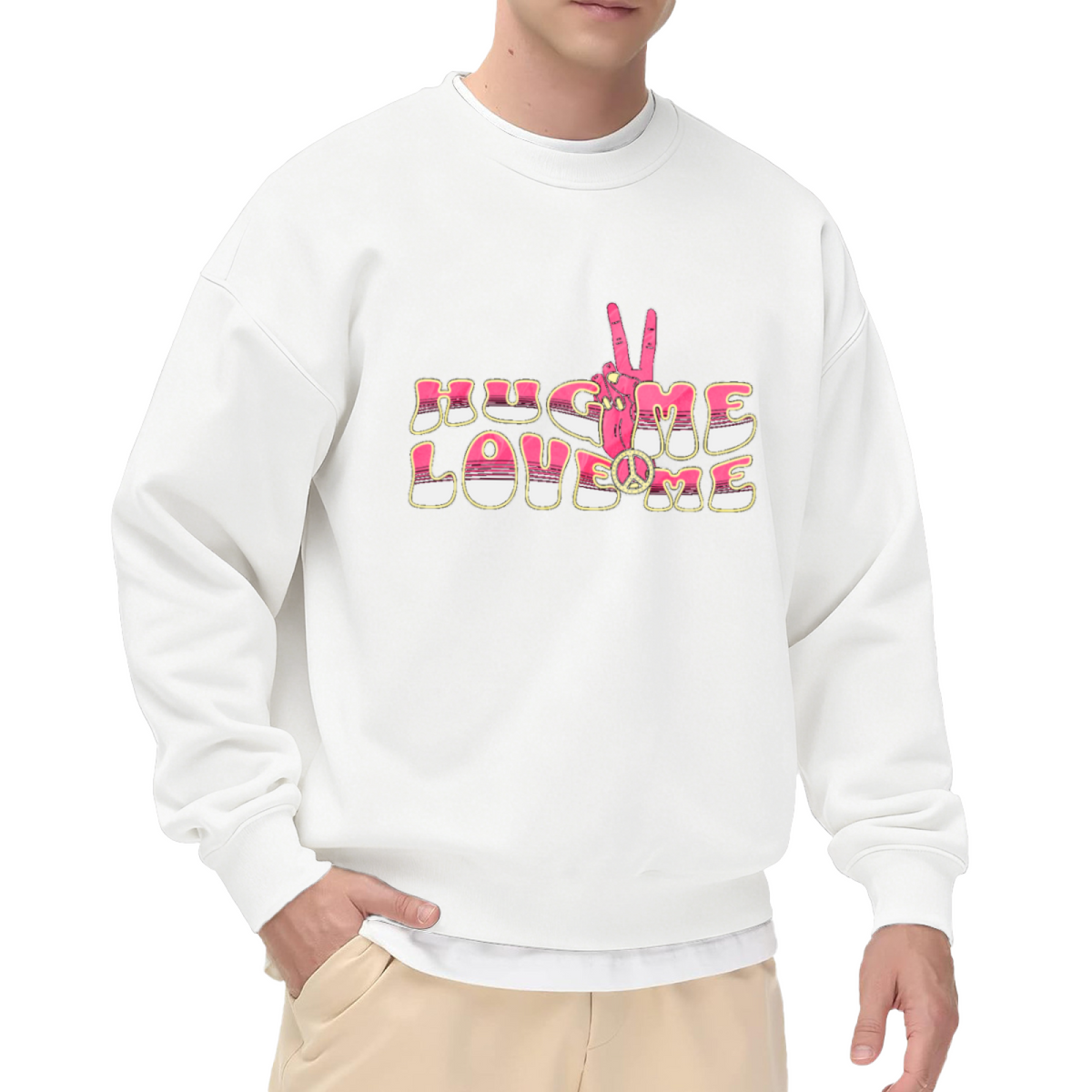 Hug Me Love Me Retro Hippie Peace Hand Crewneck Sweatshirt | 70s Psychedelic Groovy Graphic Pullover, Valentine's Day Gift
