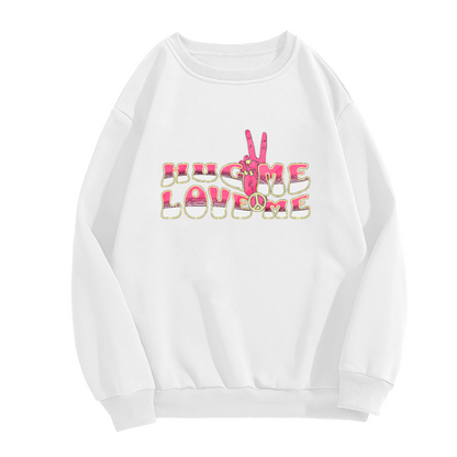 Hug Me Love Me Retro Hippie Peace Hand Crewneck Sweatshirt | 70s Psychedelic Groovy Graphic Pullover, Valentine's Day Gift