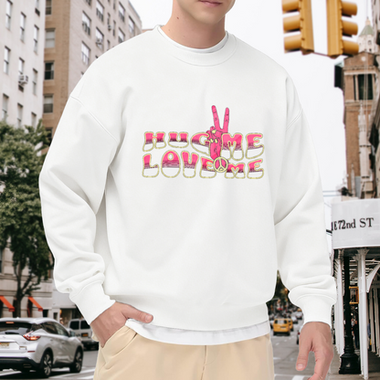 Hug Me Love Me Retro Hippie Peace Hand Crewneck Sweatshirt | 70s Psychedelic Groovy Graphic Pullover, Valentine's Day Gift