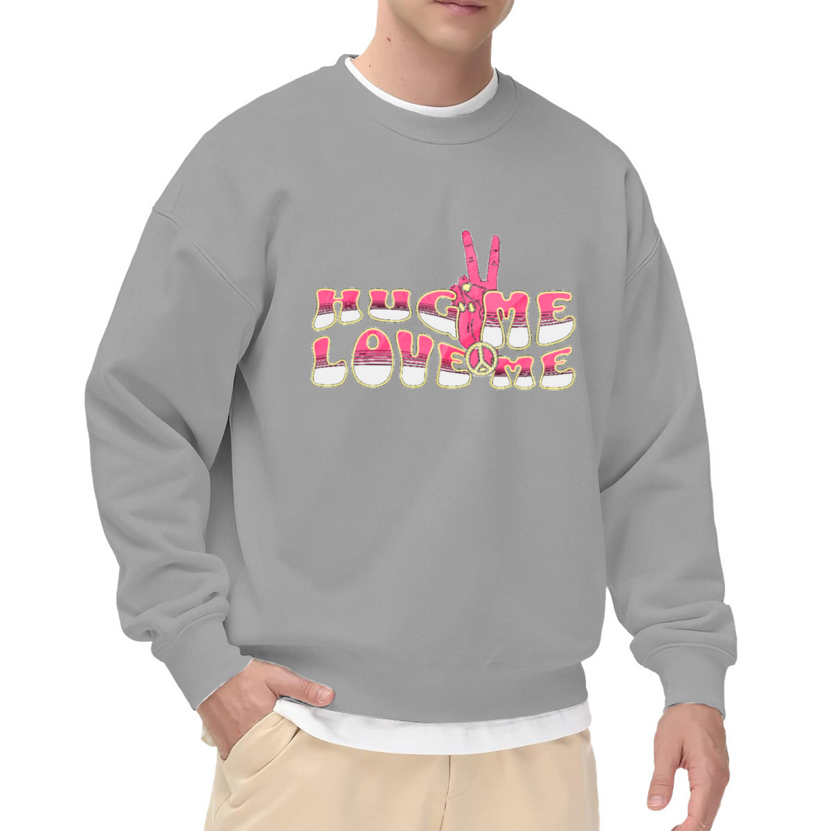 Hug Me Love Me Retro Hippie Peace Hand Crewneck Sweatshirt | 70s Psychedelic Groovy Graphic Pullover, Valentine's Day Gift