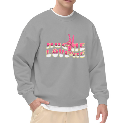Hug Me Love Me Retro Hippie Peace Hand Crewneck Sweatshirt | 70s Psychedelic Groovy Graphic Pullover, Valentine's Day Gift