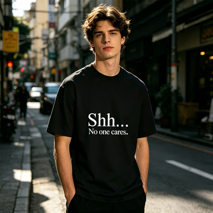 Men's Shh No One Cares Funny Minimal Slogan Casual T-Shirt