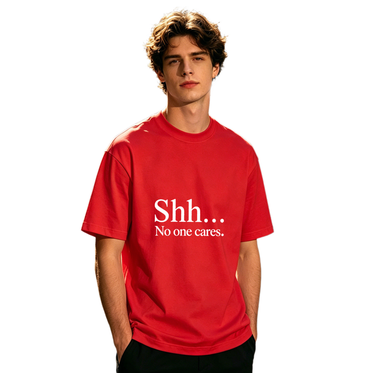 Men's Shh No One Cares Funny Minimal Slogan Casual T-Shirt