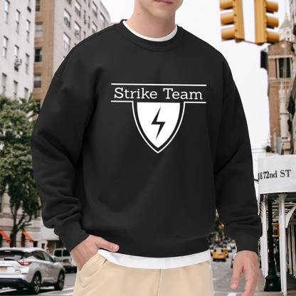 Strike Team Shield Crewneck Sweatshirt - Tactical Lightning Bolt Graphic, Military Style Pullover, Squad Streetwear Top