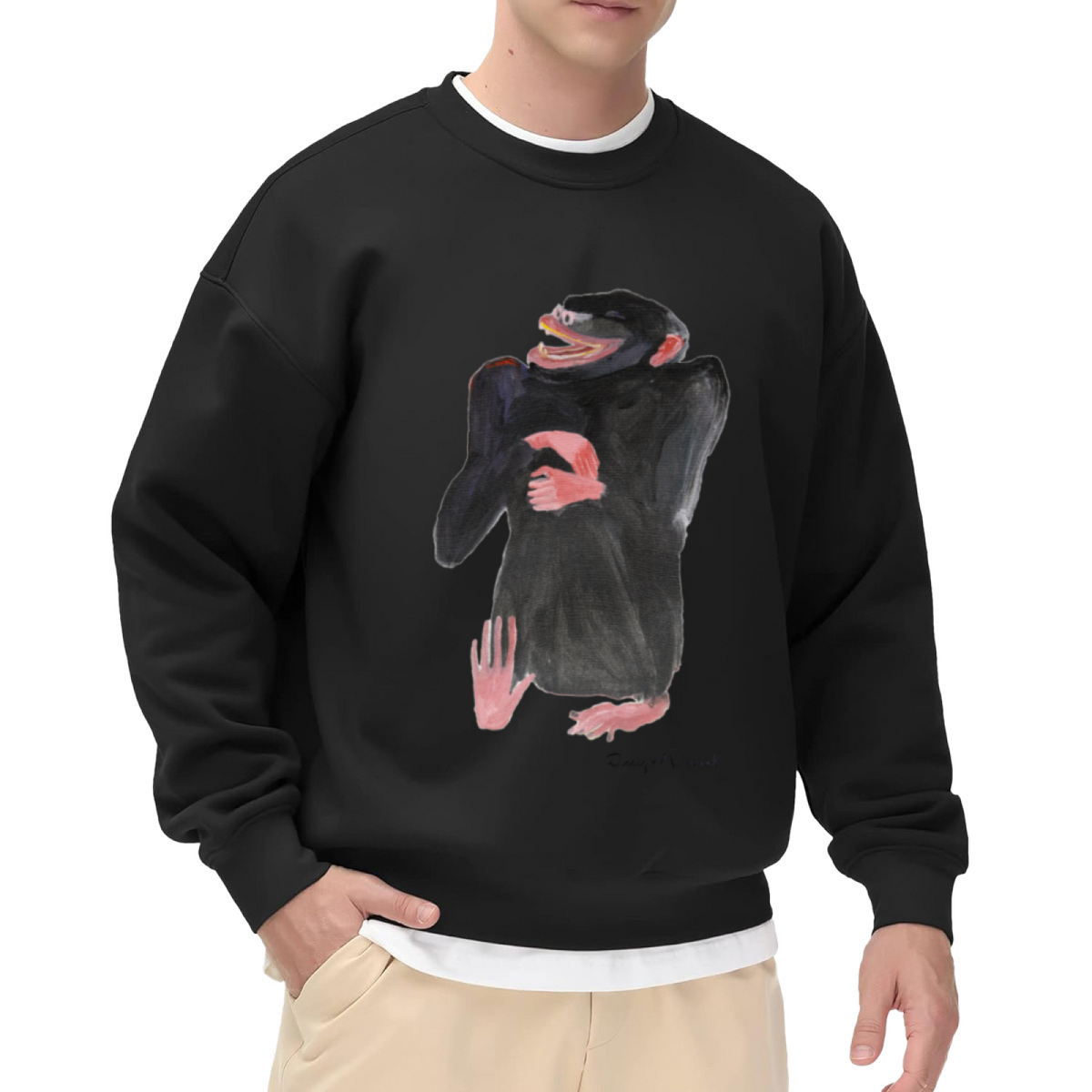 Painterly Laughing Chimpanzee Art Crewneck Sweatshirt | Whimsical Hand-Painted Ape Graphic Pullover, Indie Art Lover Gift