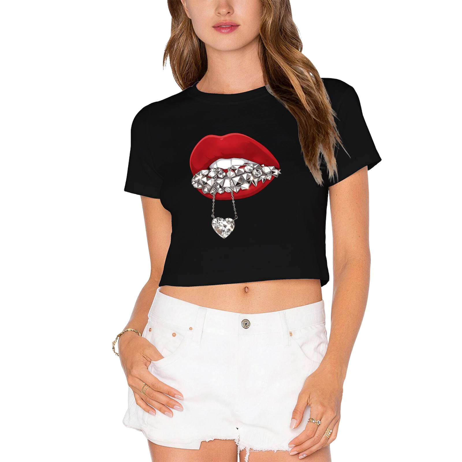 Spike Grill Diamond Heart Lips Y2K Crop Top