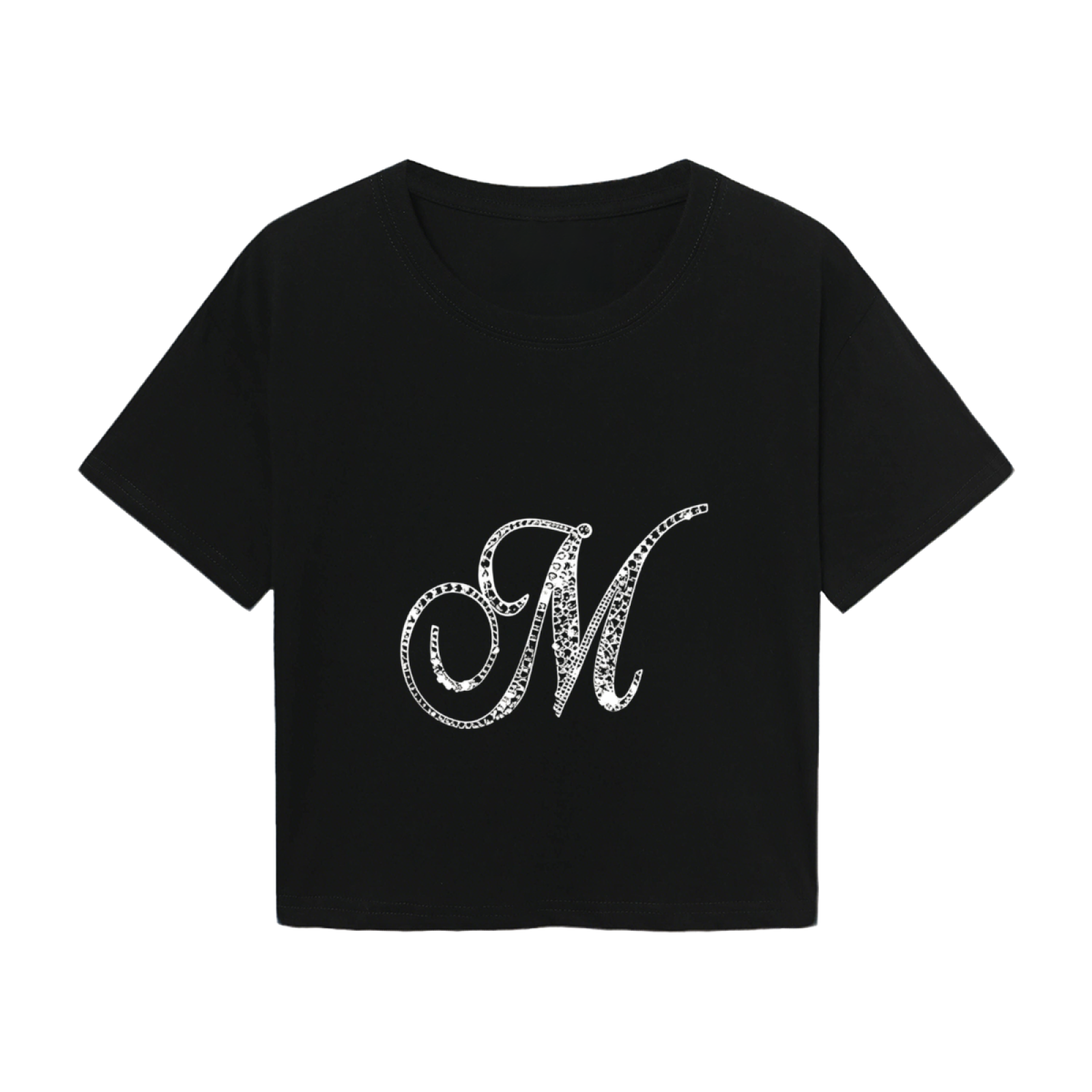 Glam Black Crop T-Shirt With Sparkly Rhinestone Cursive Letter M