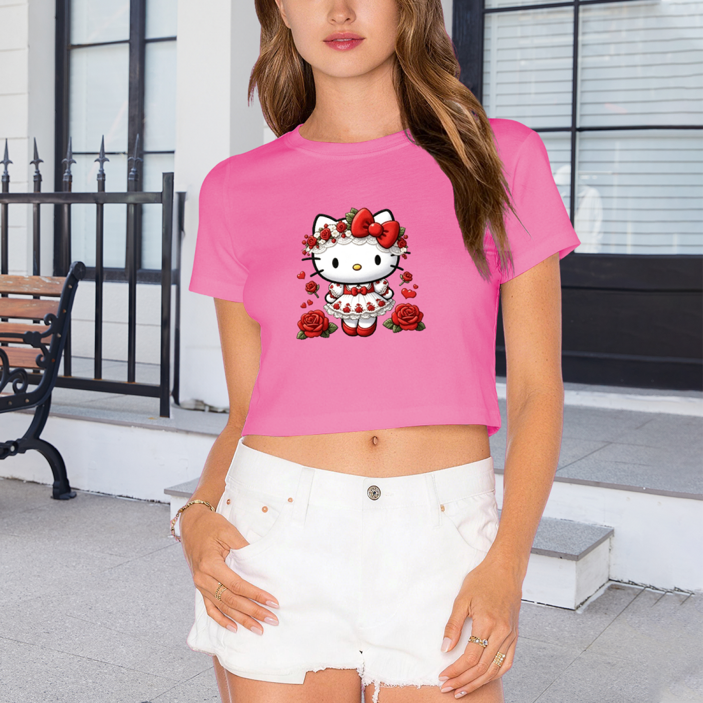 Romantic Rose Garland Hello Kitty Hot Pink Coquette Cropped Top