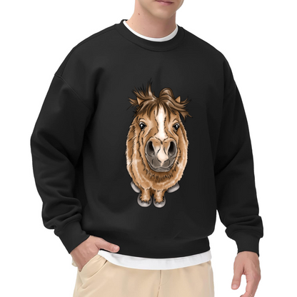 Goofy Big Head Pony Cartoon Crewneck Sweatshirt | Funny Fisheye Mini Horse Graphic Pullover, Horse Lover Gift